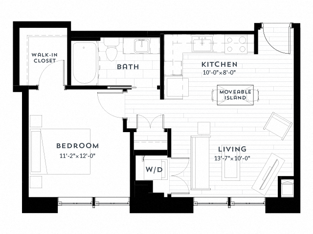 Floor plan for 1 bed, 1 bath, 615 sqft